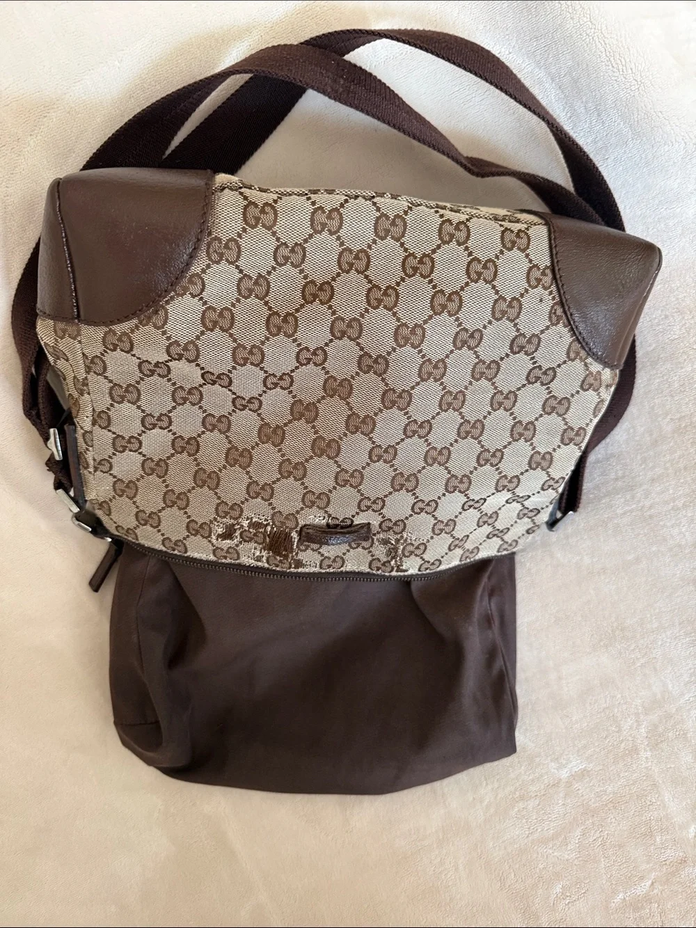 Authentic Gucci Shoulder Bag Gucci Crossbody Canvas with Brown leather Trim